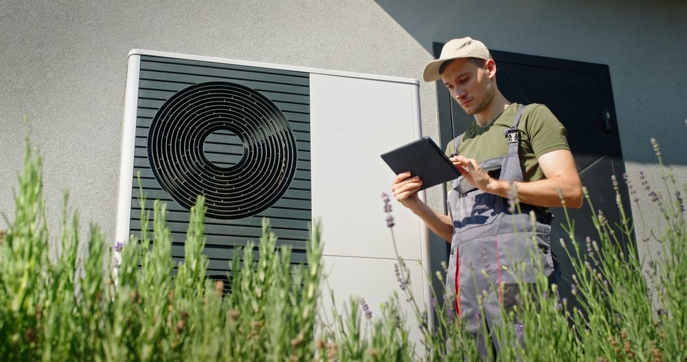 technicien-utilisant-une-tablette-pour-inspecter-une-thermopompe-extérieure