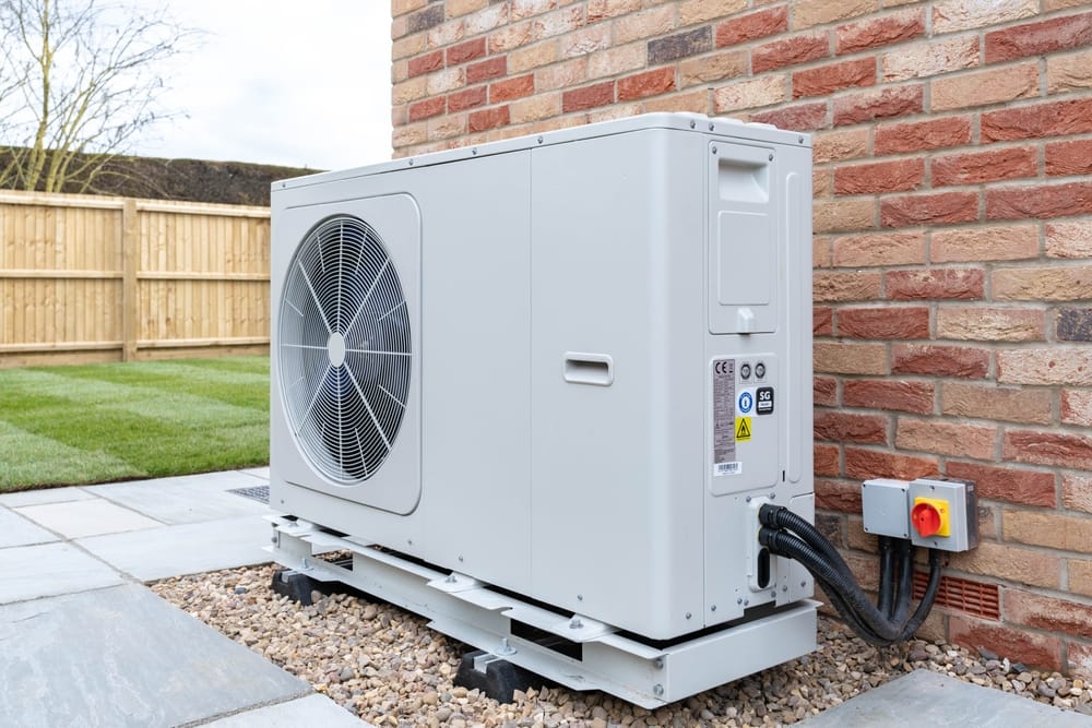 Thermopompe air-air installée à l’extérieur d’un nouveau projet résidentiel.