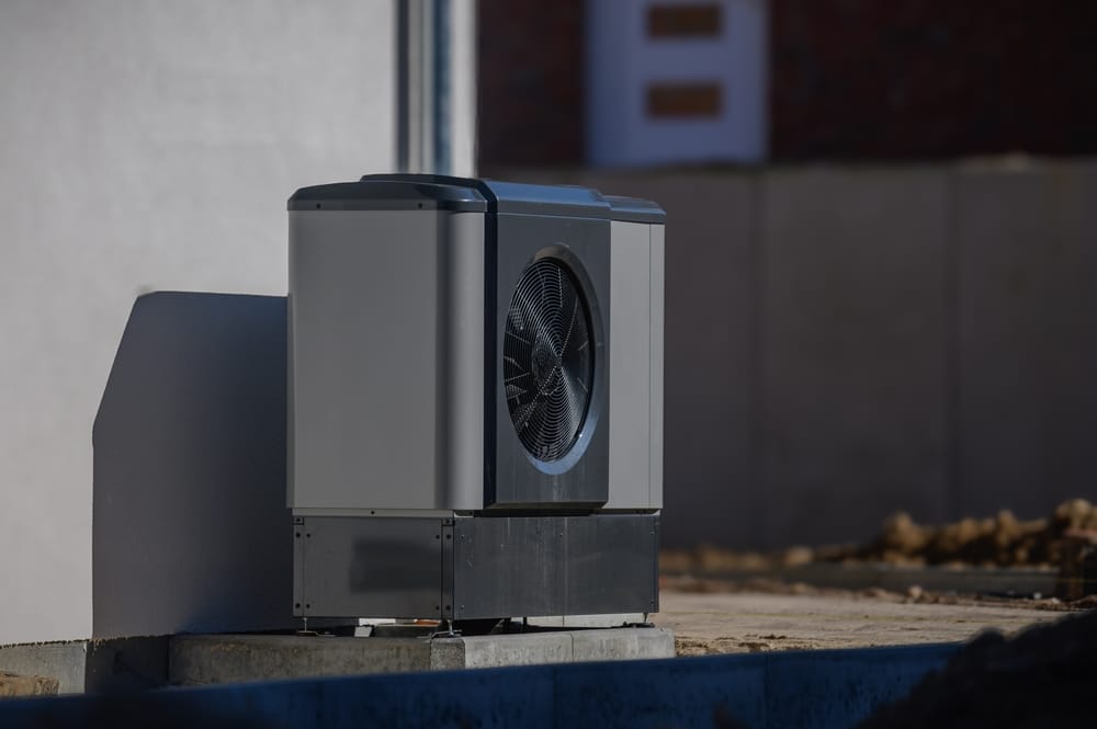 Thermopompe pour le chauffage et l’eau chaude devant un immeuble résidentiel nouvellement construit.