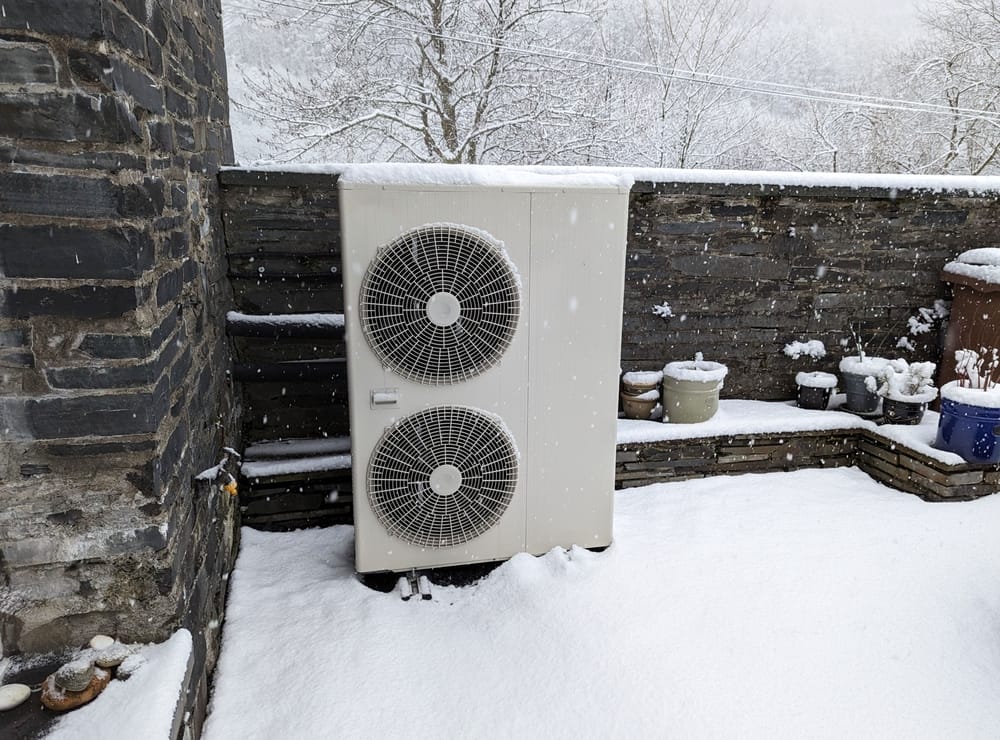 A snowy view of an outside unit for an air source heat pump.
